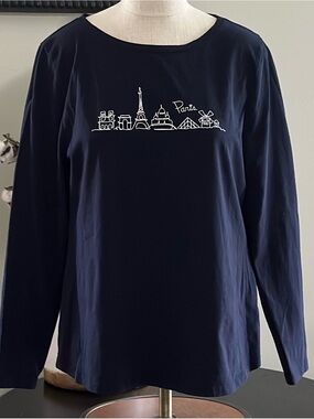 NWOT Talbots Petite Black Cotton Tee in Navy Blue with White Paris Logo -XLp